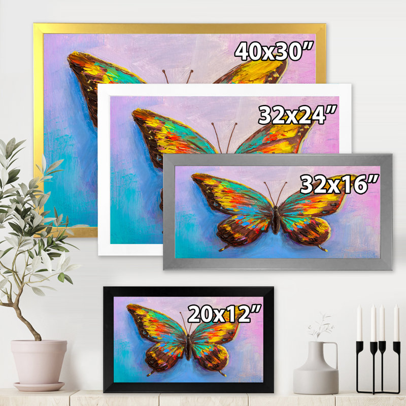 Magnifique papillon en turquoise et orange - peinture sur toile, H 16 po x l 32 po x p 1 po, Cadre blanc