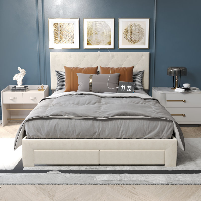 Zoje Upholstered Platform Storage Bed, Cream