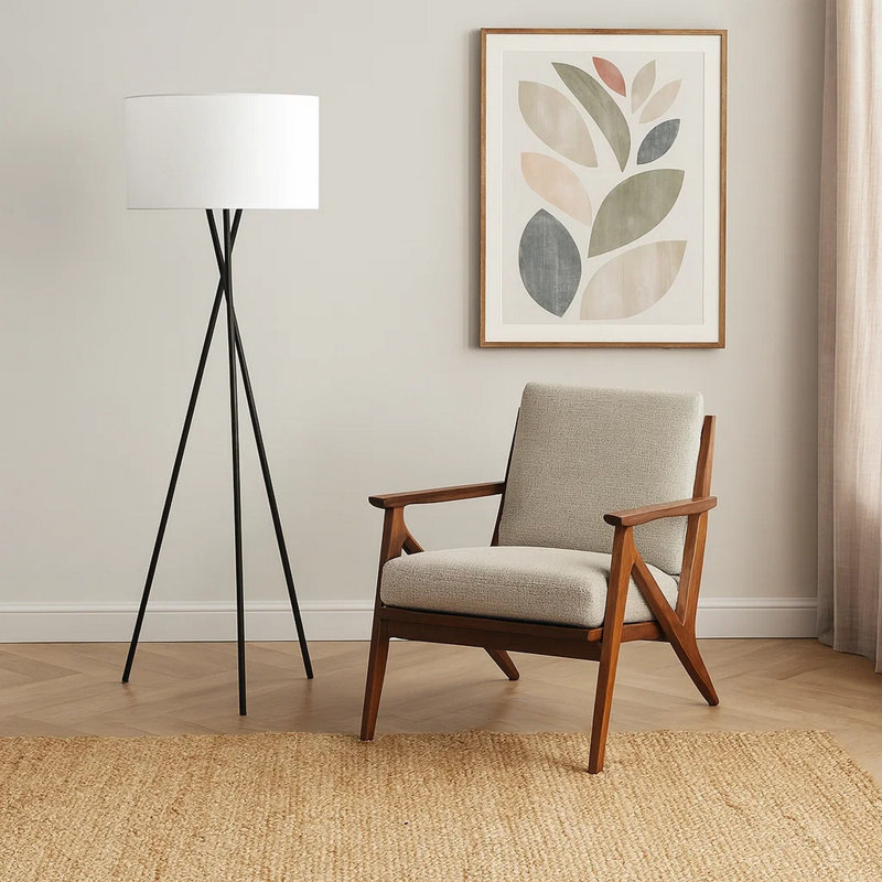 Treo Floor Lamp, Tripod Design, Fabric Drum Shade, 62 Inch, Black, Ivory