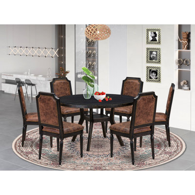 Ensemble de cuisine 7 pièces avec 6 chaises de salle à manger en polyester texturé brun, dossier haut et une table de cuisine moderne au fini noir sablé.