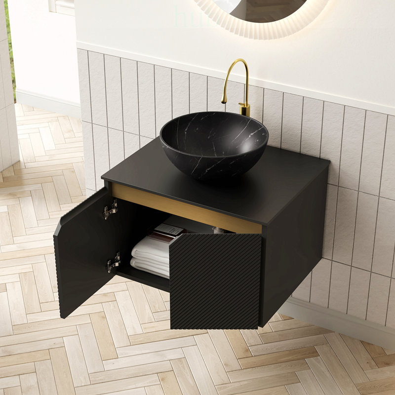 Meuble-lavabo mural de 61 cm (24 pouces) avec rangement suspendu, lavabo en céramique et comptoir en pierre frittée