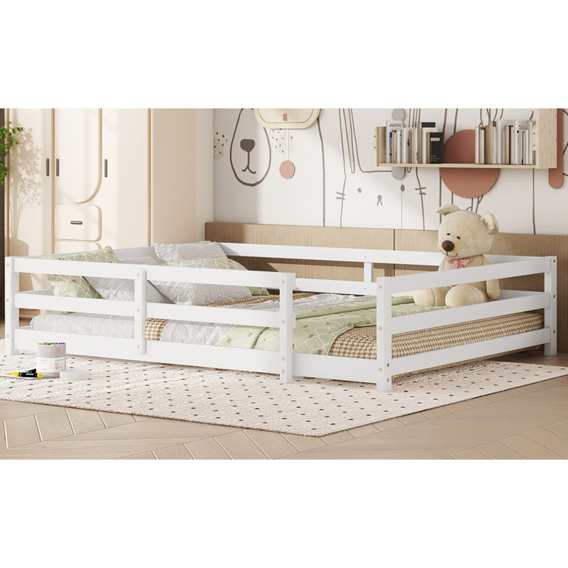 Lit pleine grandeur en pin blanc avec clôture, structure stable, assemblage rapide blanc, bois, sommeil amusant et sécuritaire