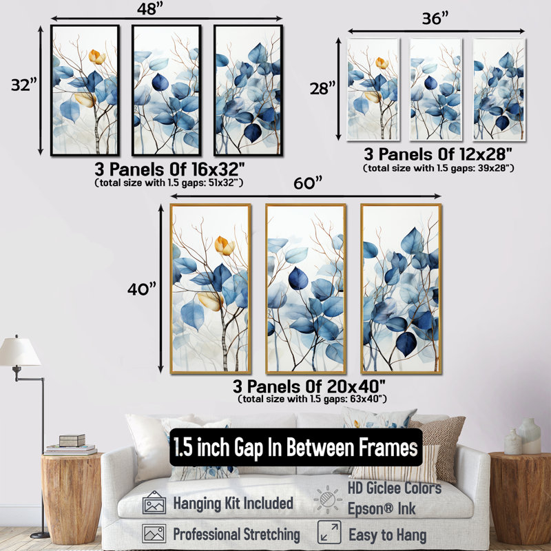 Ensemble d'art mural bleu et gris sur une branche II - feuilles, Cadre flottant noir, H 28 po x l 36 po x P 1 po