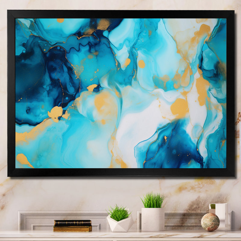 Turquoise luxueux, art fluide abstrait sur toile, H 12 po x l 20 po x P 1 po, Cadre photo noir