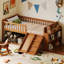 Bed Frame With Storage Shelf, Wooden Bed With Slide And Ladder, Guardrail-376879389