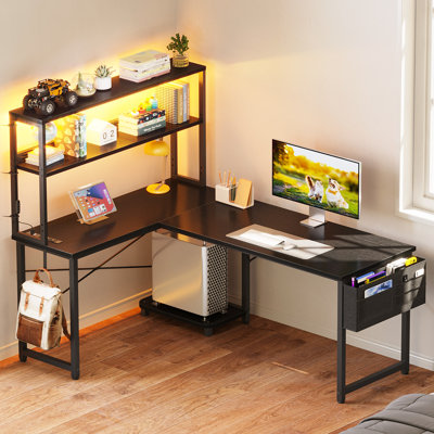 L-shaped Desk With Power Outlet, Gaming Desk With Led Light, Reversible L-shaped Computer Desk With Shelf, Corner Desk With Storage Bag\&hook, Home Office Desk With Cpu Stand