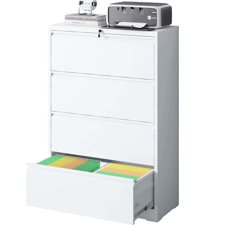 Locking 4 File Cabinet In White, Metal For Home Office, Stores Various Sizes, Stable Construction Office Filing Cabinet, White Lockable Accommodates Legal/A4/F4 Size, Build Storage