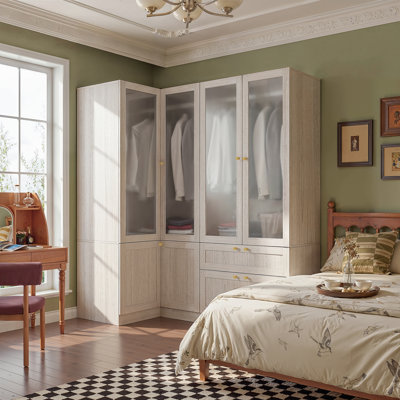 Modern Corner Wardrobe With Glass Doors, Ample Storage, And Gold Hardware - Three-Pack Shipping by Latitude Run