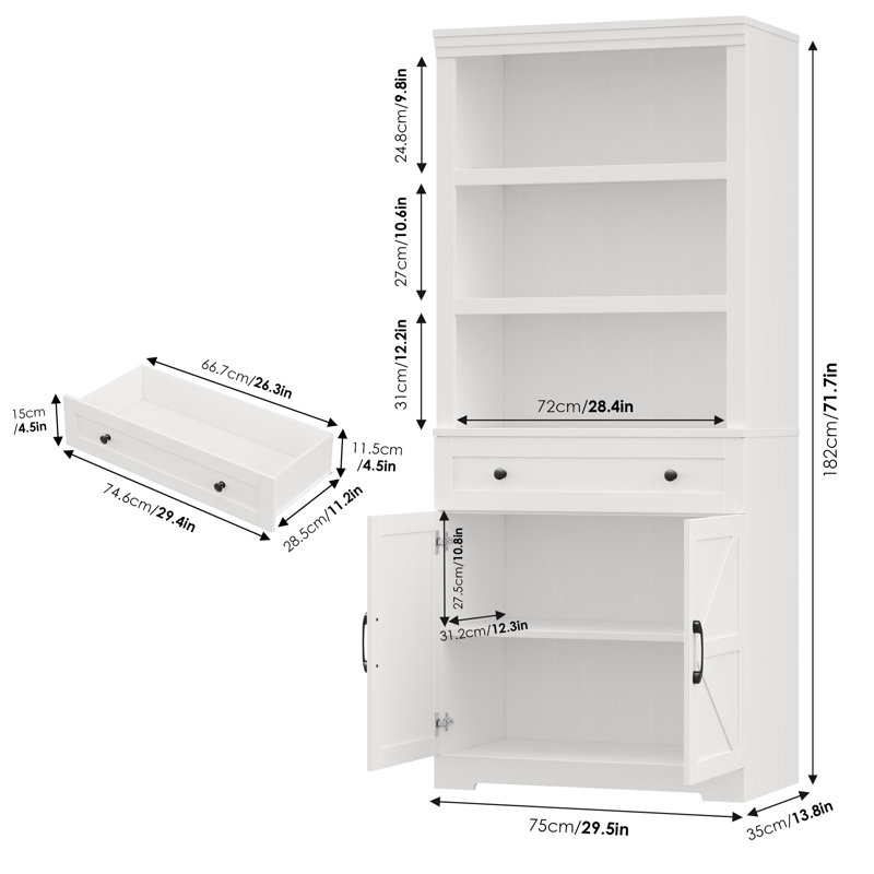 71.7" Bookcase With Open Shelves And Drawers, White