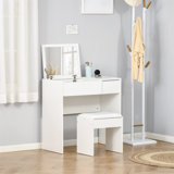 Makeup Desk With Drawer, Vanity Table Set With Flip-Up Mirror And Cushioned Stool, White