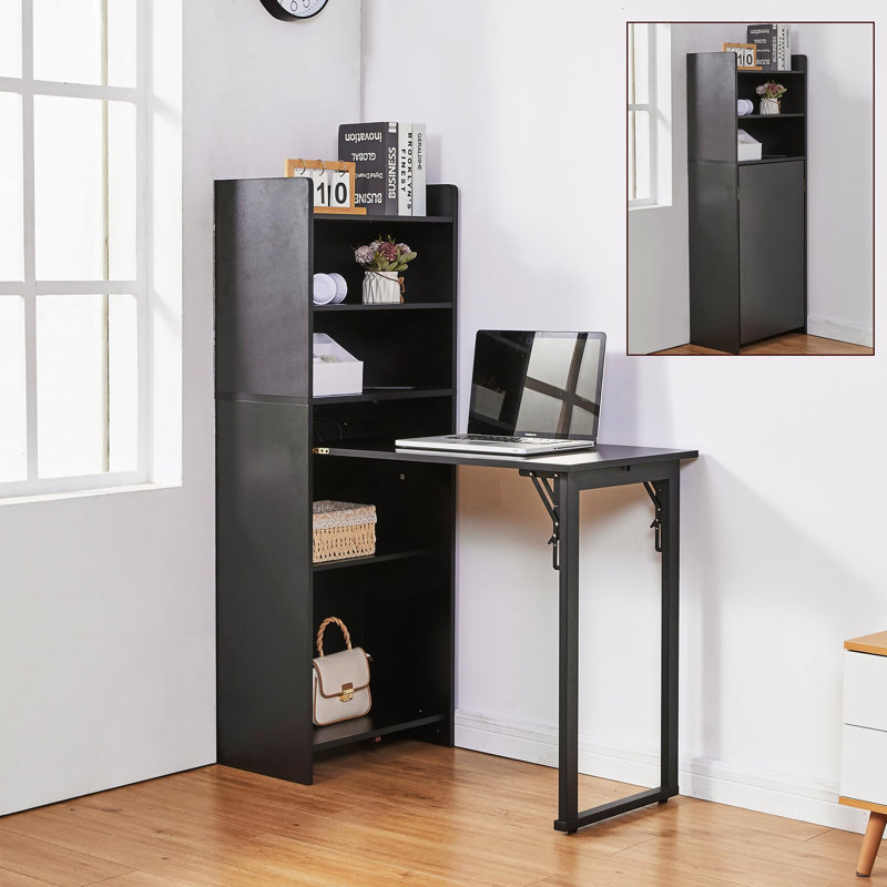Folding Desk Computer Desk to Bookshelf with Built-in Power Outlet, Anti-Tip Design, Easy-Fold Button, Reinforced Leg Stability, Space-Saving for Home Office Dorm Bedroom Study Room, Black