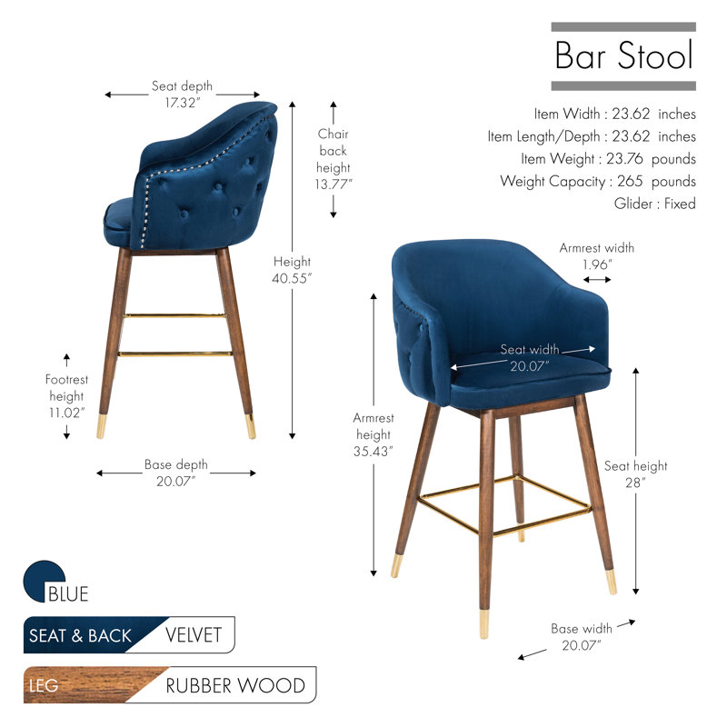 Grieteke 28'' Velvet Upholstered Bar Stool with Rubberwood Legs, Blue