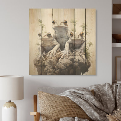 Minimalism Frog Family Harmony I - Frogs & Toads Wood Wall Art On Natural Pine Wood