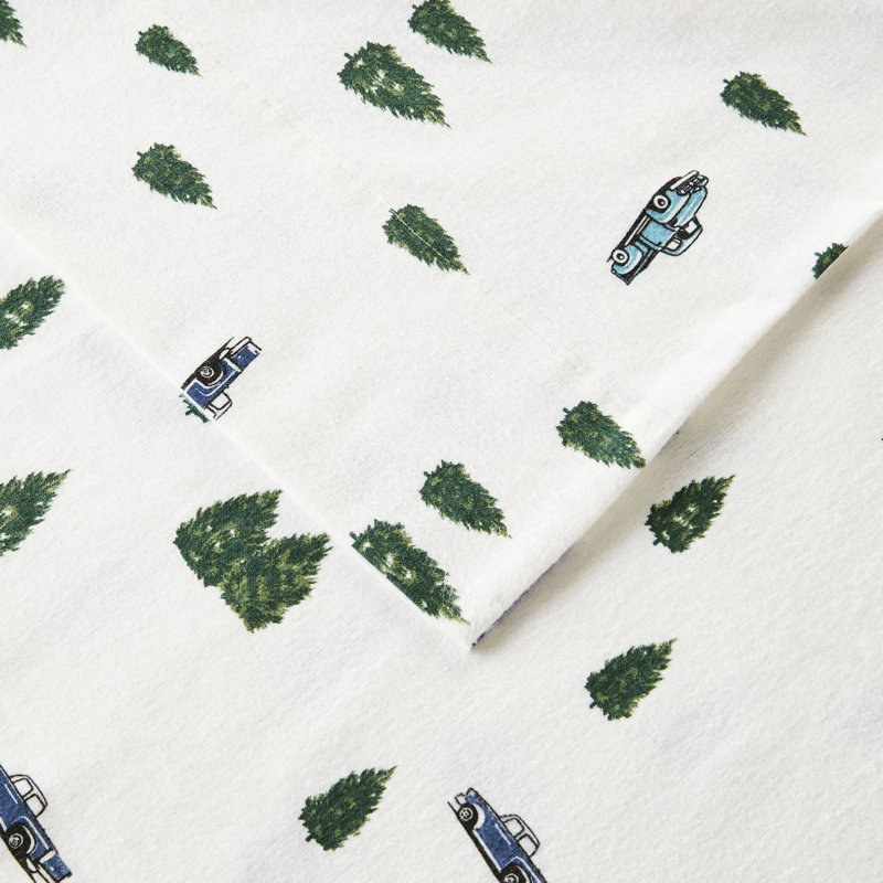 King Sheet 4 Pcs, Trees & Trucks Pattern, 100% Cotton Flannel, Queen/King/ Fits 14" Mattress, Machine Washable, - Pcs Multicolor, Brushed On Both Sides, Fully Elasticized Fitted Sheet, Soft Velvet