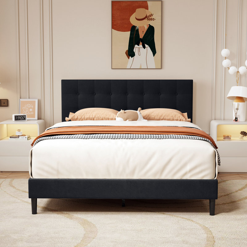 Modern Square Button Upholstered Platform Bed, Queen, Black