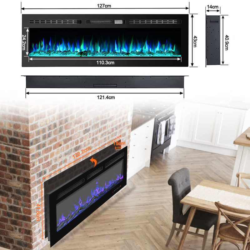 Eul 17 Stories Black Electric Fireplace, 43cm H x 127cm W x 14cm D