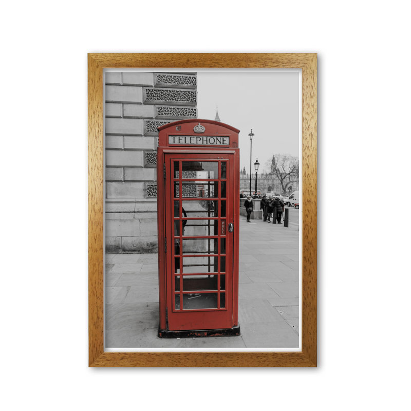 London Phonebox - Print, Honey Oak Frame, 60 cm H x 42 cm W x 5 cm D