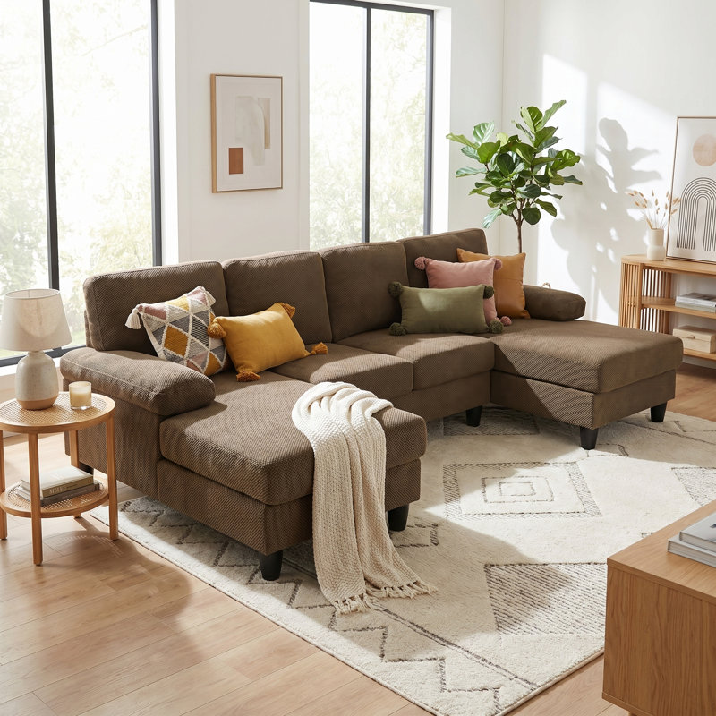 Canapé modulaire en U de 104 po, canapé 4 places Mid-Century moderne avec méridienne double et accoudoirs moelleux, revêtement en polyester texturé, conception à pieds hauts pour un nettoyage facile, assise profonde et douce