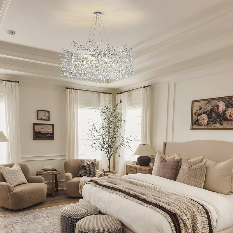14-Light 39" Dimmable Tree Branch Crystal Chandelier Round Pendant Lights for Dining Room, Silver