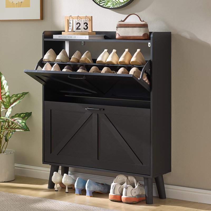 Shoe Cabinet Storage for Entryway with 2 Flip Drawers Rack Narrow Organizer Slim Hidden Wood Shoe Cabinet Furniture, Black