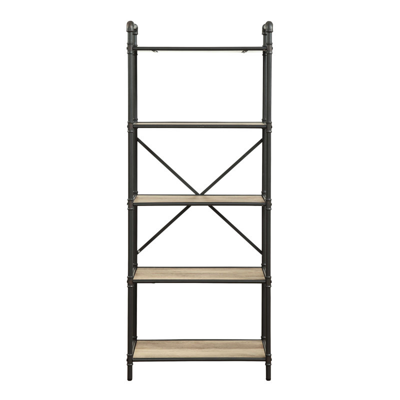 Bibliothèque en chêne antique et gris sableux - Structure industrielle ouverte de style moderne avec tubes en métal 5 tablettes en bois pour le rangement et l'organisation