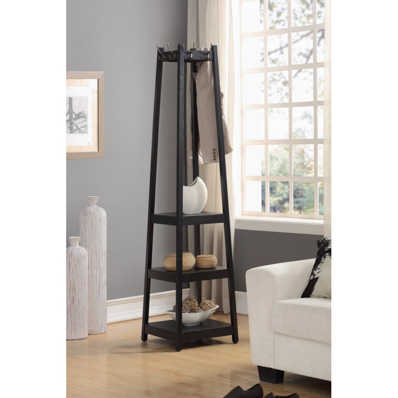 Coat Rack With 3-Tier Storage Shelves Coat Tree Coat Hook Wood Coat Rack Shelf With Hook, Black