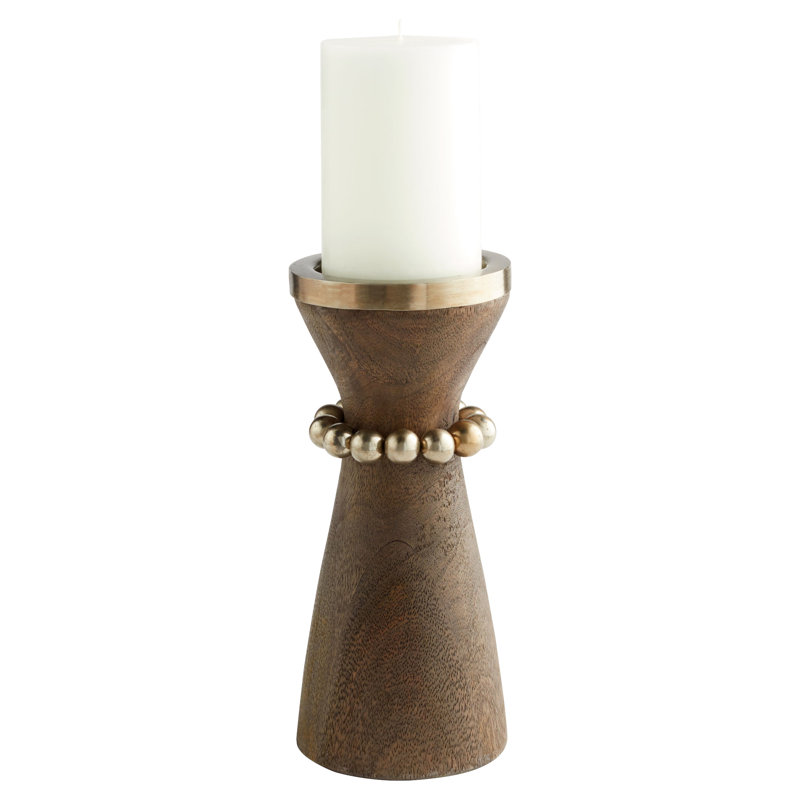 Parvati Wood Tabletop Candlestick, 12" H x 5.5" W x 5.5" D, Weathered Gray/Copper/Antique Nickel