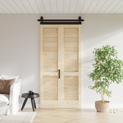 Bi-Fold Sliding Barn Door Unfinished Hardware Kit Solid Wood  Louvered