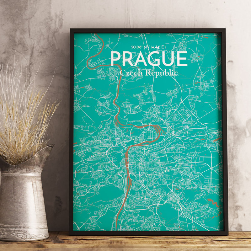 Prague City Map - Unframed Graphic Art Print on Paper, 43.2cm H x 27.9cm W x 0.13cm D, Teal