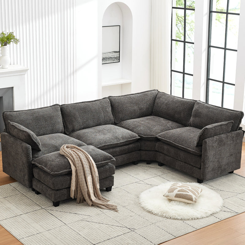 Canapé d'angle modulaire en L gris foncé avec repose-pieds amovible surdimensionné en chenille gris foncé, Dark Grey Chenille