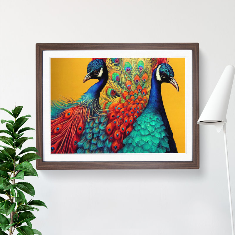 XH1022-6749X Pair Of Peacocks - Single Picture Frame Print, 46cm H x 64cm W x 2cm D, Walnut