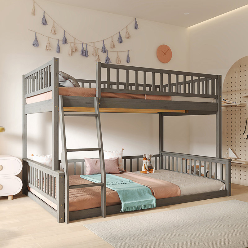 Bunk Bed With Ladder And Guardrails, Gray, Full XL Over Queen