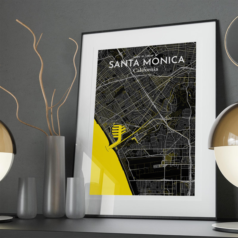 Santa Monica, carte de la ville, impression, H 36 po x l 24 po, Noir/jaune