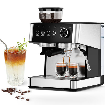 Machine à espresso 20 bars avec moulin, cafetière professionnelle avec mousseur à lait, fonction eau chaude, réservoir d'eau amovible, argent