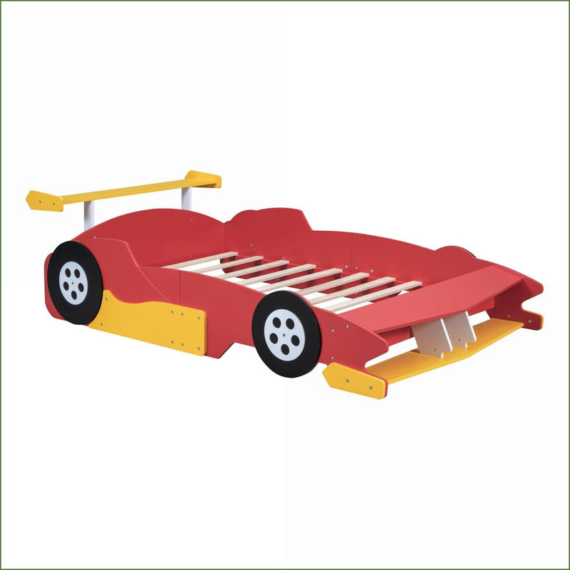 Structure de lit double en MDF contreplaqué pleine grandeur - Conception de voiture de course avec roues, sans sommier, rouge pour la chambre à coucher
