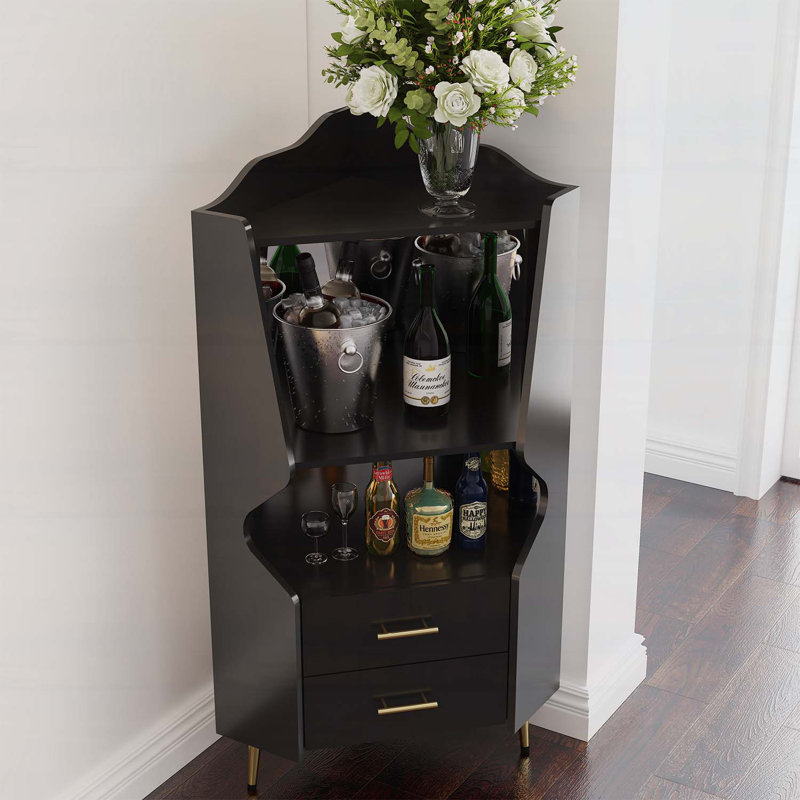 Bar en bois avec 2 tablettes ouvertes et 2 tiroirs, Noir et or