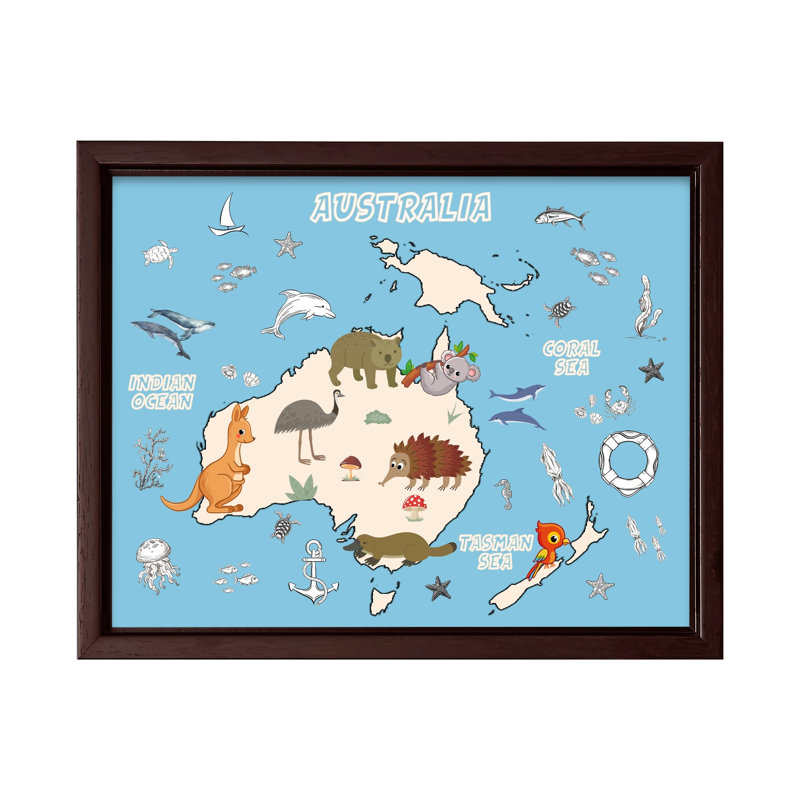 Carte des animaux en Australie, 12"H x 16"W, Canvas, Brown Framed