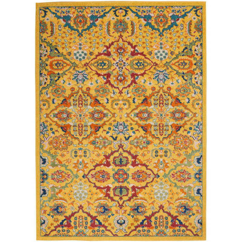 Tapis jaune à motif floral Weirton, Rectangle 2 pi x 3 pi