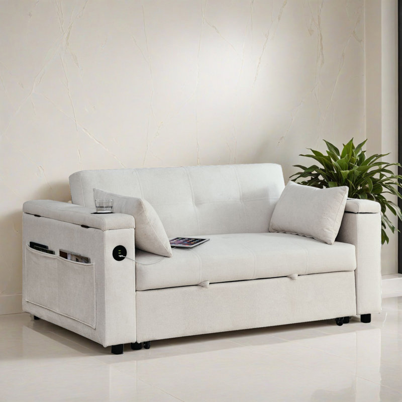 54.02" Square Arm Tufted Back Pull Out Sleeper Sofa with Cushions, Beige