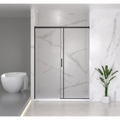 Cabine de douche coulissante semi-sans cadre noir mat, verre trempé clair de 1/4 po de largeur variable, conception à largeur réglable pour un ajustement sans tracas