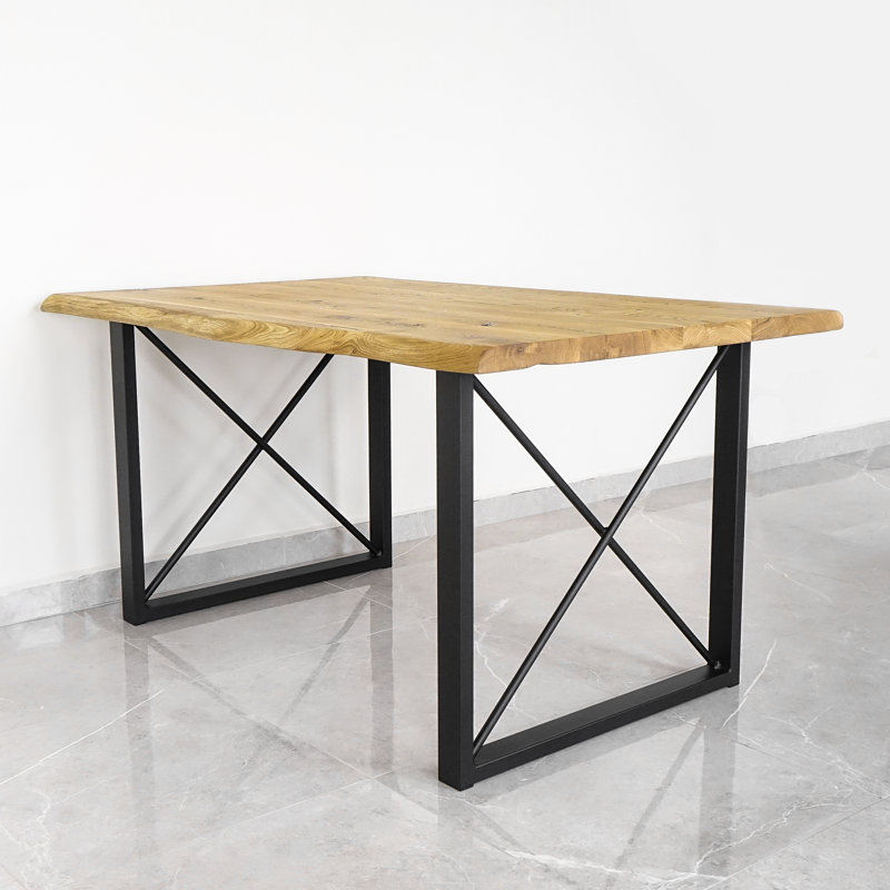 Mireille Oak Solid Wood Top Metal Base Dining Table, 80cm W x 140cm L, Natural Wood