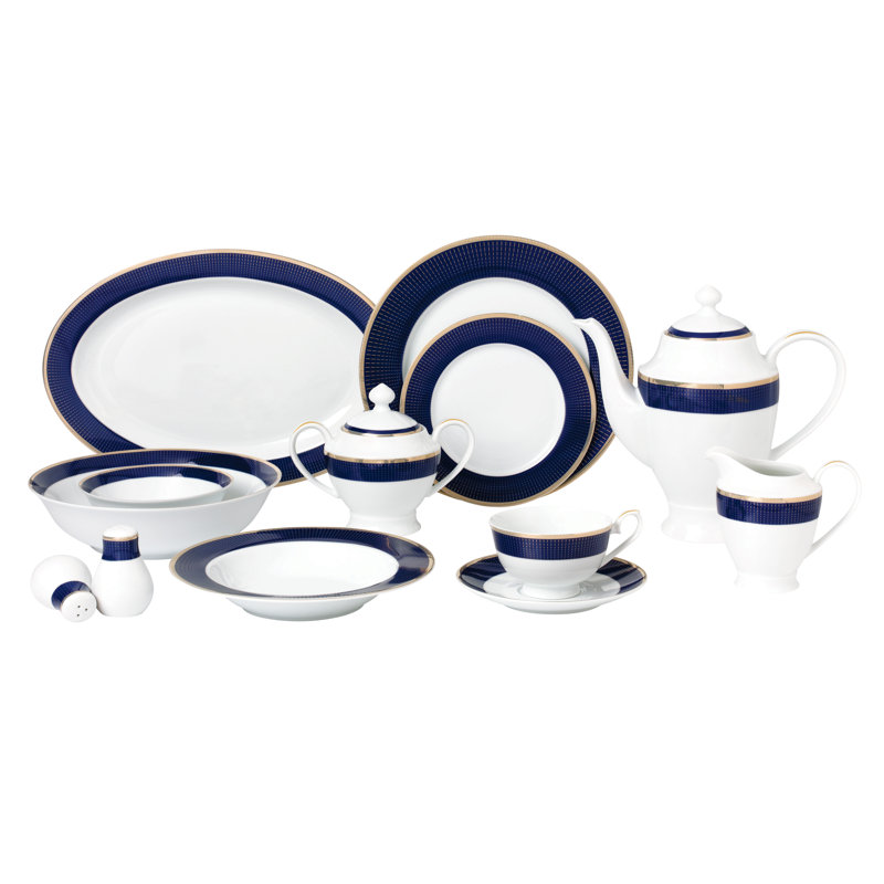 Elegant Blue and White Porcelain Dinnerware Set, Service for 8