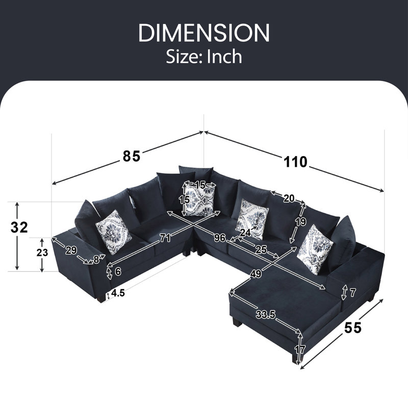 Canapé modulaire à méridienne rembourré Ahoufe, Velours noir