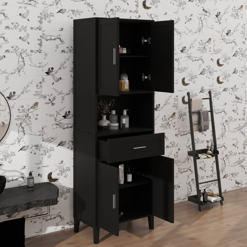70.9" High Freestanding Tall Bathroom Cabinet With A Drawer, 2 Cabinets, 4 Soft-Close Doors, 2 Adjustable Shelves, Open Storage
