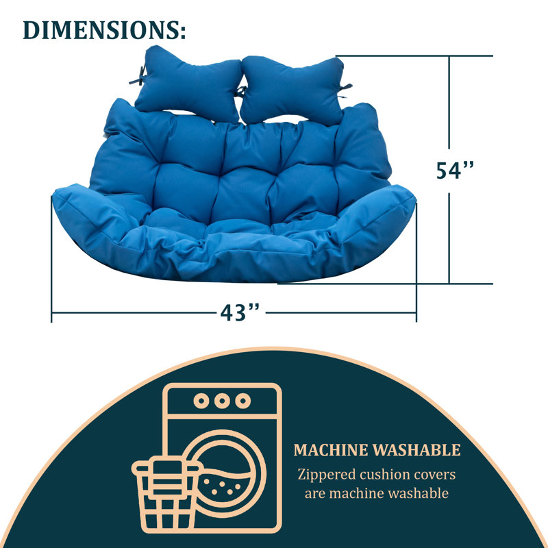 Modern Upholstered 2 Person Hanging Egg Swing Chair Cushion With Headrest, Blue