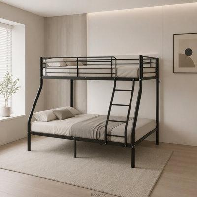 Lit superposé simple au dessus d'un lit double en métal robuste, garde-corps pleine longueur et échelle d'accès, capacité de poids combinée de 650 + 750 lb, lit peu encombrant pour enfants et adultes, noir