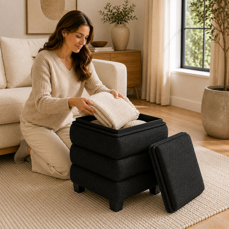 Repose-pieds carré avec rangement en lin et plateau en bois réversible, tabouret d'appoint cube noir, Noir