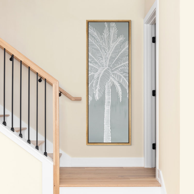 White Palm Tree Silhouette on Misty Pale Blue Background - Large Framed Canvas Master Bedroom Wall Art Print, Natural