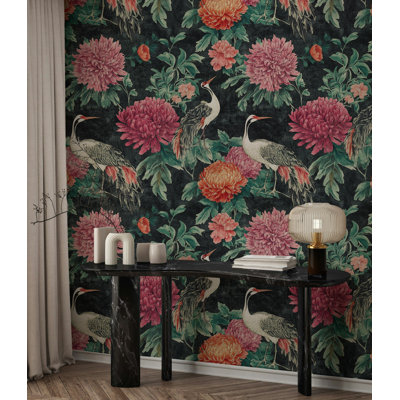Elegant Cranes and Chrysanthemum Wallpaper Intricate Botanical Art Peel and Stick Roll