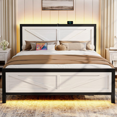 Rustic Bed Frame Queen Size with Barn Door Headboard, LED Bed Frame with Charging Station, Industrial Platform Metal Bed Frames, No Box Spring Needed, Easy Assembly, White